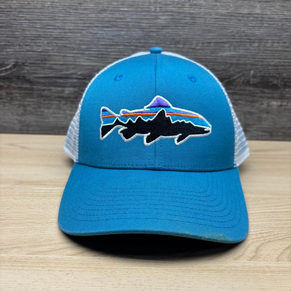 Patagonia Hat Cap Snap Back Blue White Trout Fish Logo Trucker Outdoor Fishing